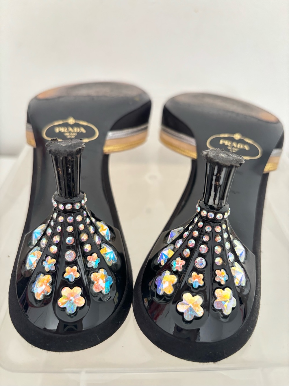 Prada Black, Gold & Silver Open-Toe Slide Embellished Heels - Picture 6 of 7